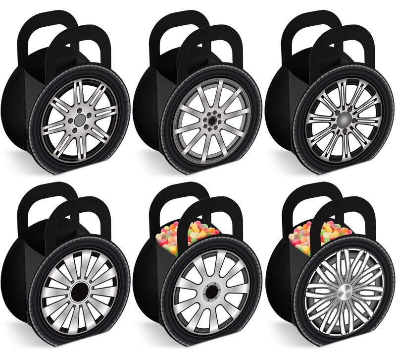 CHUNNIN 24Pcs Race Car Wheels Party Gift Boxes for Race Car Party Decorations Car Wheels Shaped Treat Boxes Racing Car Birthday Party Candy Boxes with Handle for Birthday Baby Shower Party Supplies - Image 2