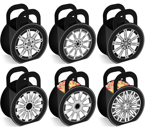 CHUNNIN 24Pcs Race Car Wheels Party Gift Boxes for Race Car Party Decorations Car Wheels Shaped Treat Boxes Racing Car Birthday Party Candy Boxes with Handle for Birthday Baby Shower Party Supplies - Image 1