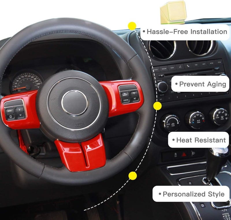 JeCar Interior Steering Wheel Decoration Trim Kits for 2011-2018 Jeep Wrangler JK/2011-2013 Grand Cherokee/2011-2016 Jeep Compass & Patriot, Red - Image 4