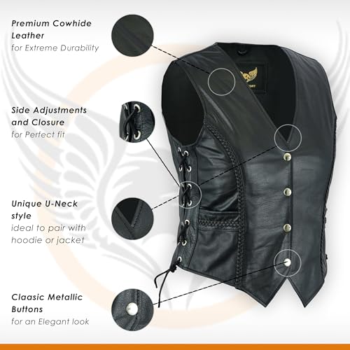 Leatherick Women Top Grain Genuine Buffalo Black Ladies Leather Vests for Motorcycle Bikers (as1, alpha, 5x_l, regular, regular, Black (With Braid), 5XL) - Image 5