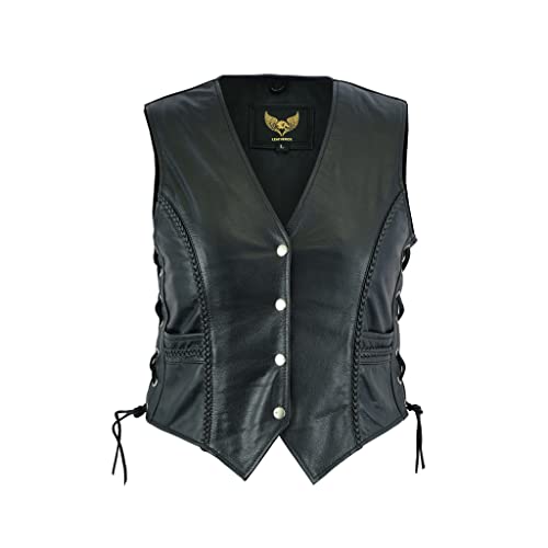 Leatherick Women Top Grain Genuine Buffalo Black Ladies Leather Vests for Motorcycle Bikers (as1, alpha, 5x_l, regular, regular, Black (With Braid), 5XL) - Image 3