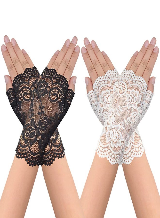 TecoKart® Lace Gloves for Women, 2 Pairs Half-Finger Lace Gloves & Net Gloves for Women, Elegant White Gloves for Parties, Weddings & Evening Events - Image 1