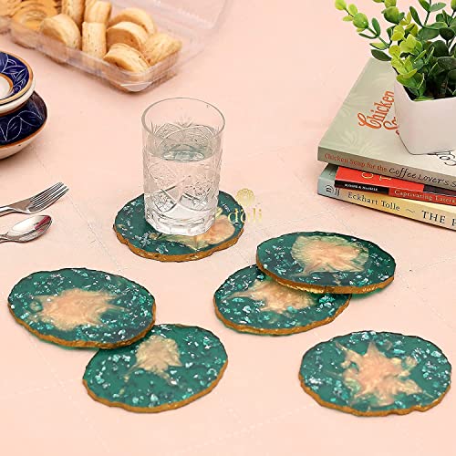 DULI Set of 6 Premium Resin Coasters Tea,Coffee Coasters, Resin Coaster Set, Tea Coasters, Chai Coasters, Oval Coasters (10 * 8 cm) (MCDRCS6-GreenMetallicFlakes) - Image 1