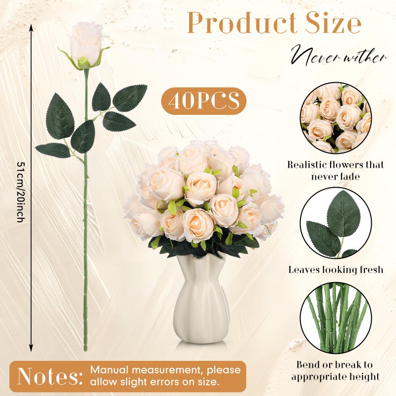 Hotop 40 Pcs Rose Artificial Flowers Bulk with Long Stem,Realistic Silk Fake Roses Bouquet for Home Wedding Centerpieces Party Table Decoration Valentines Gifts(Cream) - Image 2