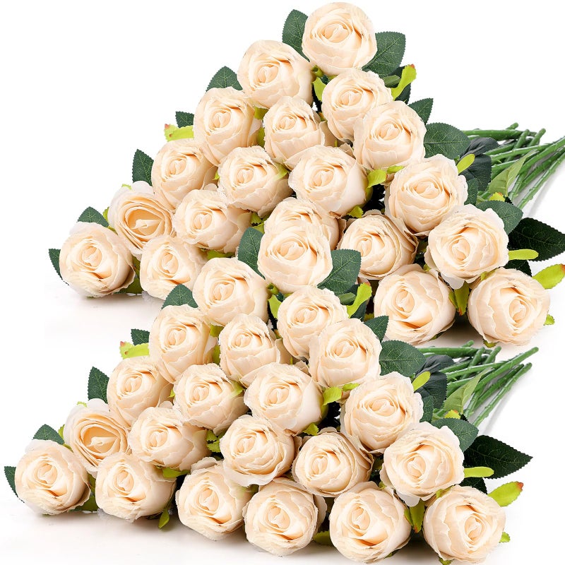 Hotop 40 Pcs Rose Artificial Flowers Bulk with Long Stem,Realistic Silk Fake Roses Bouquet for Home Wedding Centerpieces Party Table Decoration Valentines Gifts(Cream) - Image 1