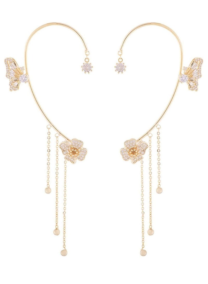 SYOSI Butterfly Tassel Style Zircon Earrings Butterfly Flowers Tassel Long Earring Shiny Zircon No Piercing Butterfly Ear Clip Jewelry Gifts for Women Girls Golden Pair - Image 1