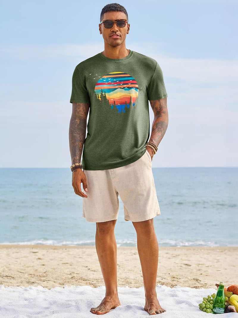 Runcati Mens Short Sleeve T-Shirts Graphic Crewneck Casual Printed Tee Summer Beach Hawaiian Vintage Shirts Army Green - Image 5