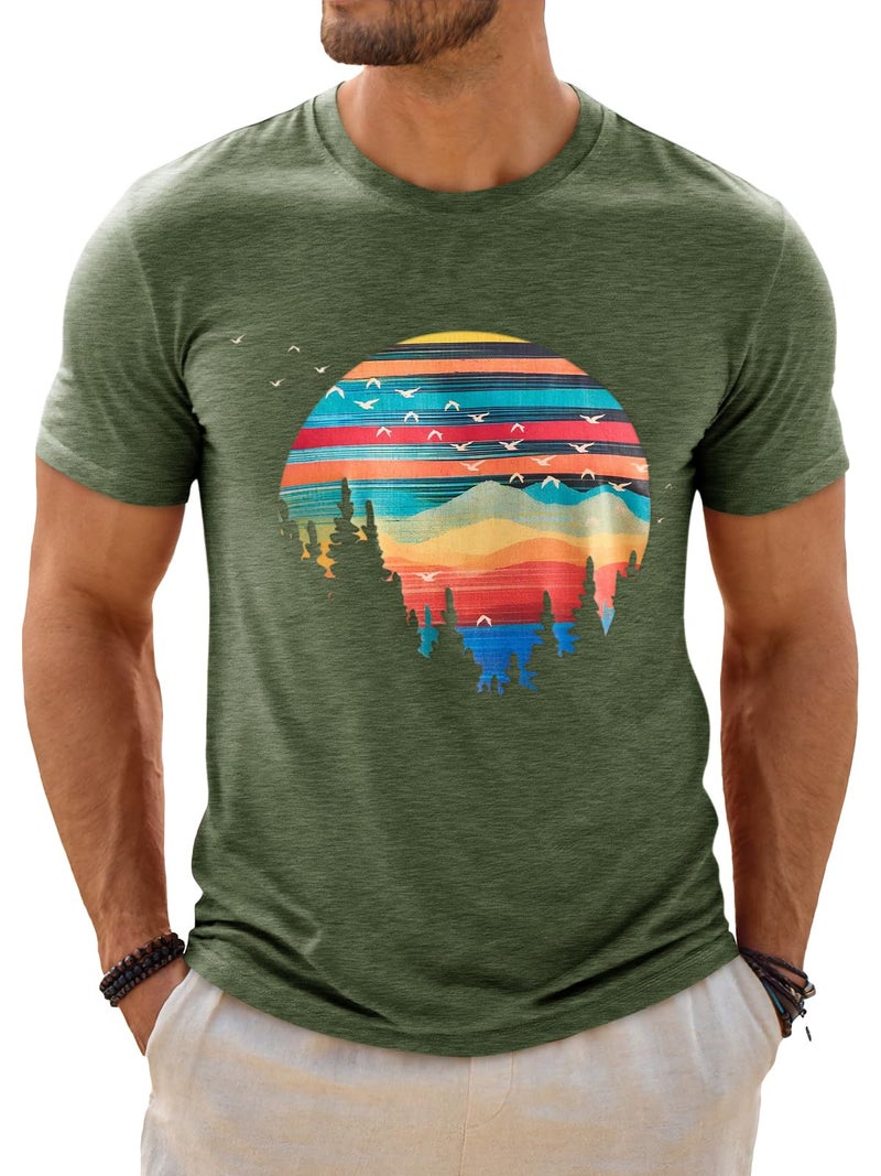 Runcati Mens Short Sleeve T-Shirts Graphic Crewneck Casual Printed Tee Summer Beach Hawaiian Vintage Shirts Army Green - Image 1