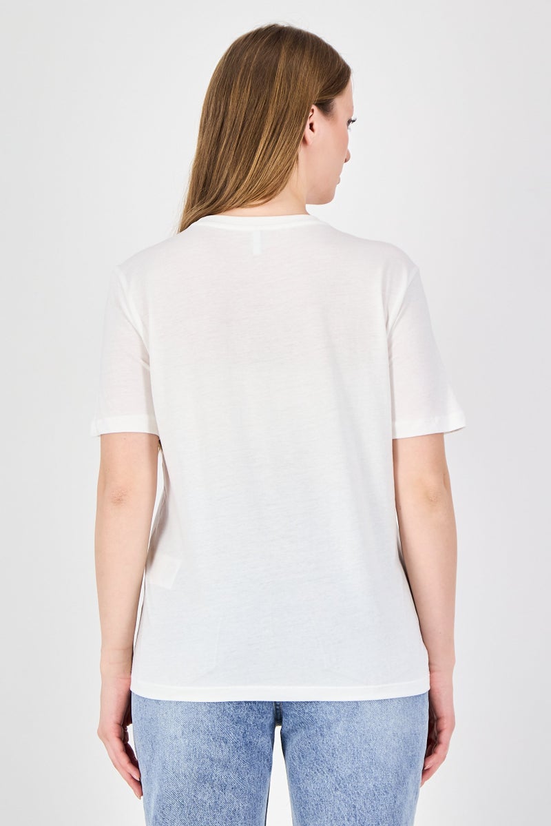 ONLY Women Crew Neck Short Sleeve Graphic Print T-Shirt, Ivory - Image 2