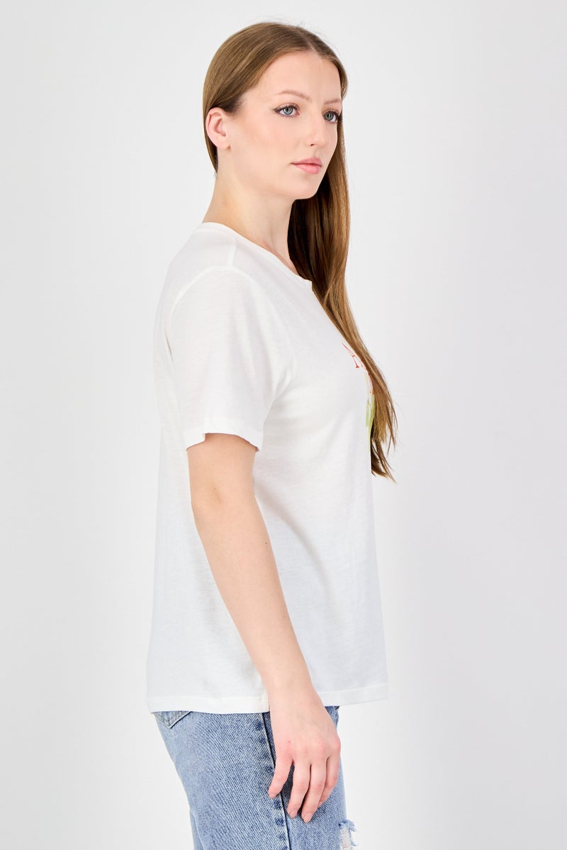 ONLY Women Crew Neck Short Sleeve Graphic Print T-Shirt, Ivory - Image 3