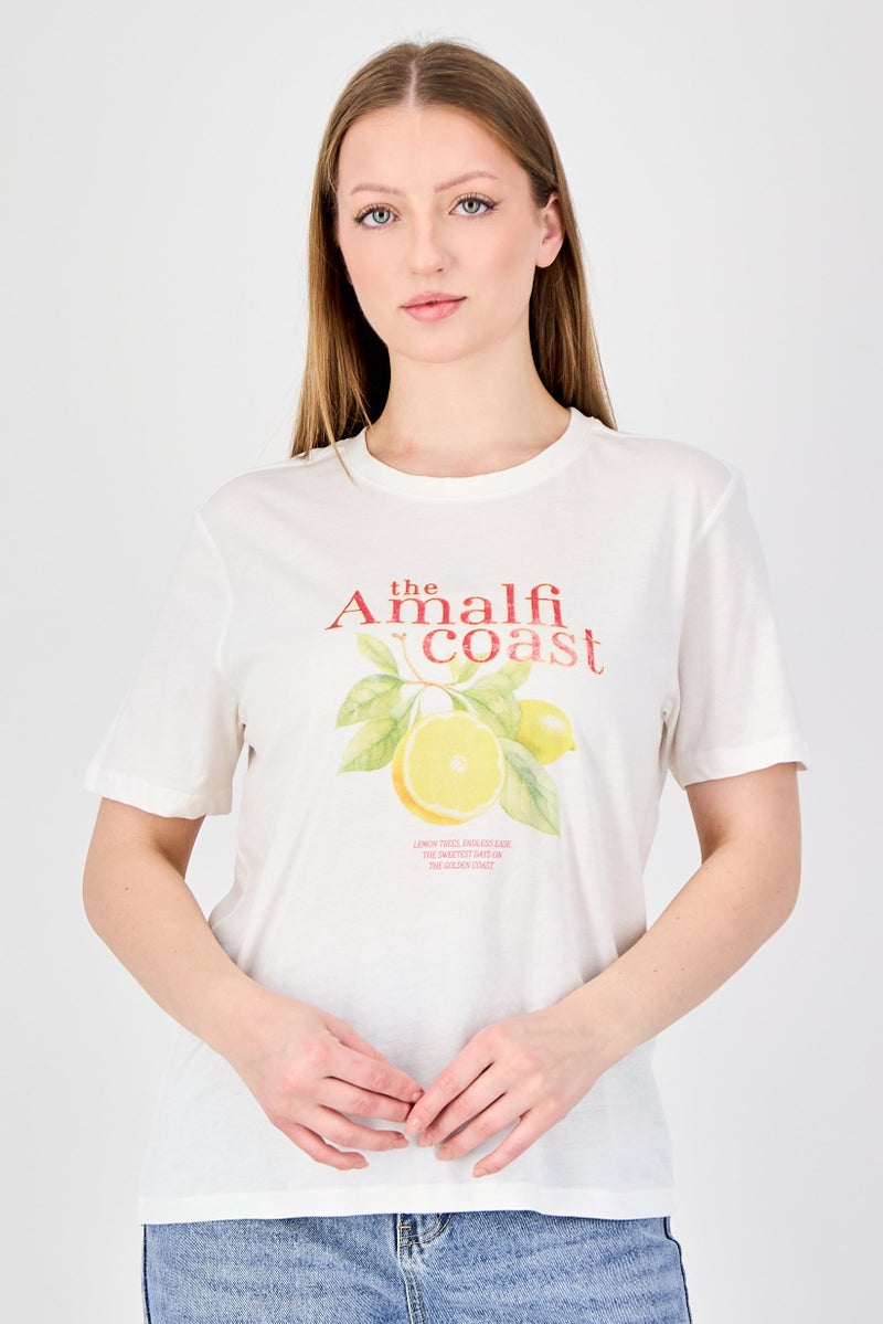 ONLY Women Crew Neck Short Sleeve Graphic Print T-Shirt, Ivory - Image 1
