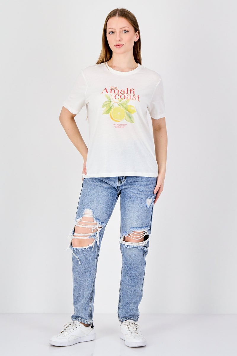 ONLY Women Crew Neck Short Sleeve Graphic Print T-Shirt, Ivory - Image 4