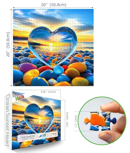 MINIWAN 500 Piece Jigsaw Puzzle for Adults Heart of Glass Sunset Beach with Colorful Pebbles 20x20 Inch Unique Art Puzzle Challenging Hard Difficult Puzzles for Adults - Image 5