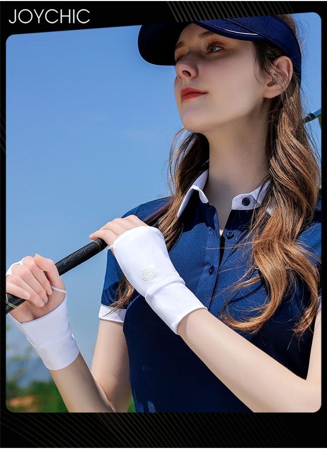 Joychic - Sunscreen Gloves Anti-ultraviolet Rays Summer Outdoor Half-finger Ice Silk Gloves Women Extended Wrist Protection White - Image 1