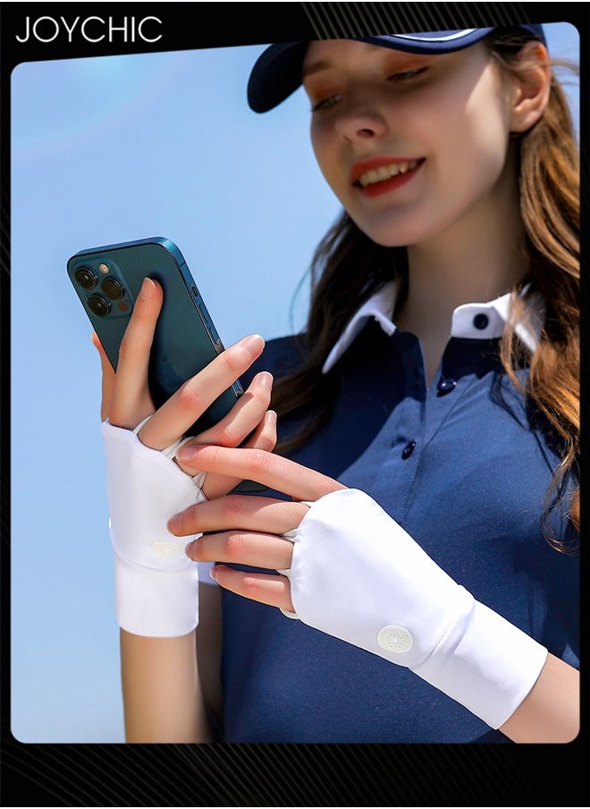 Joychic - Sunscreen Gloves Anti-ultraviolet Rays Summer Outdoor Half-finger Ice Silk Gloves Women Extended Wrist Protection White - Image 1