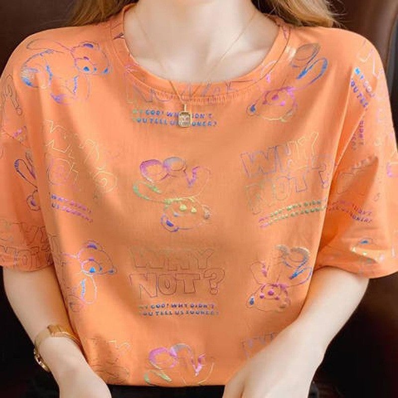 2022 New Korean Style T-Shirt Summer Top Trendy Blended Cotton Short-Sleeved T-Shirt Women'S Wide Loosen Shoulder Summer Women'S Wear - Image 2