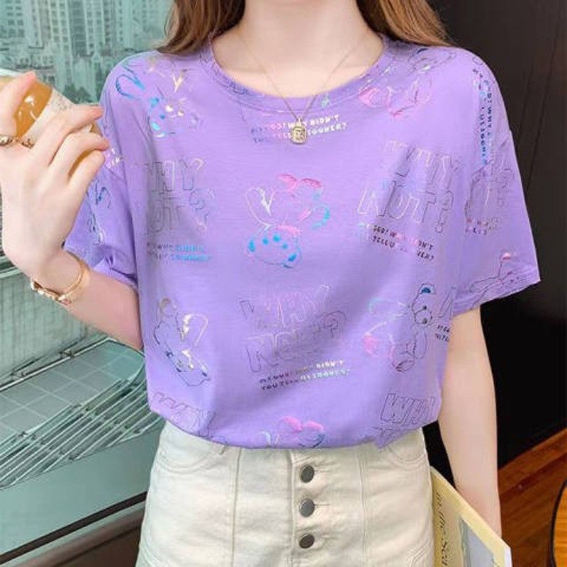 2022 New Korean Style T-Shirt Summer Top Trendy Blended Cotton Short-Sleeved T-Shirt Women'S Wide Loosen Shoulder Summer Women'S Wear - Image 3
