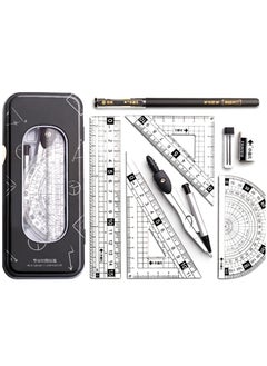Y&D Maths Set, Geometry Compass Set Protractor Rulers for Student Metal Durable Outer Box with Eraser/Ballpoint Pen (Black)  - Image 1