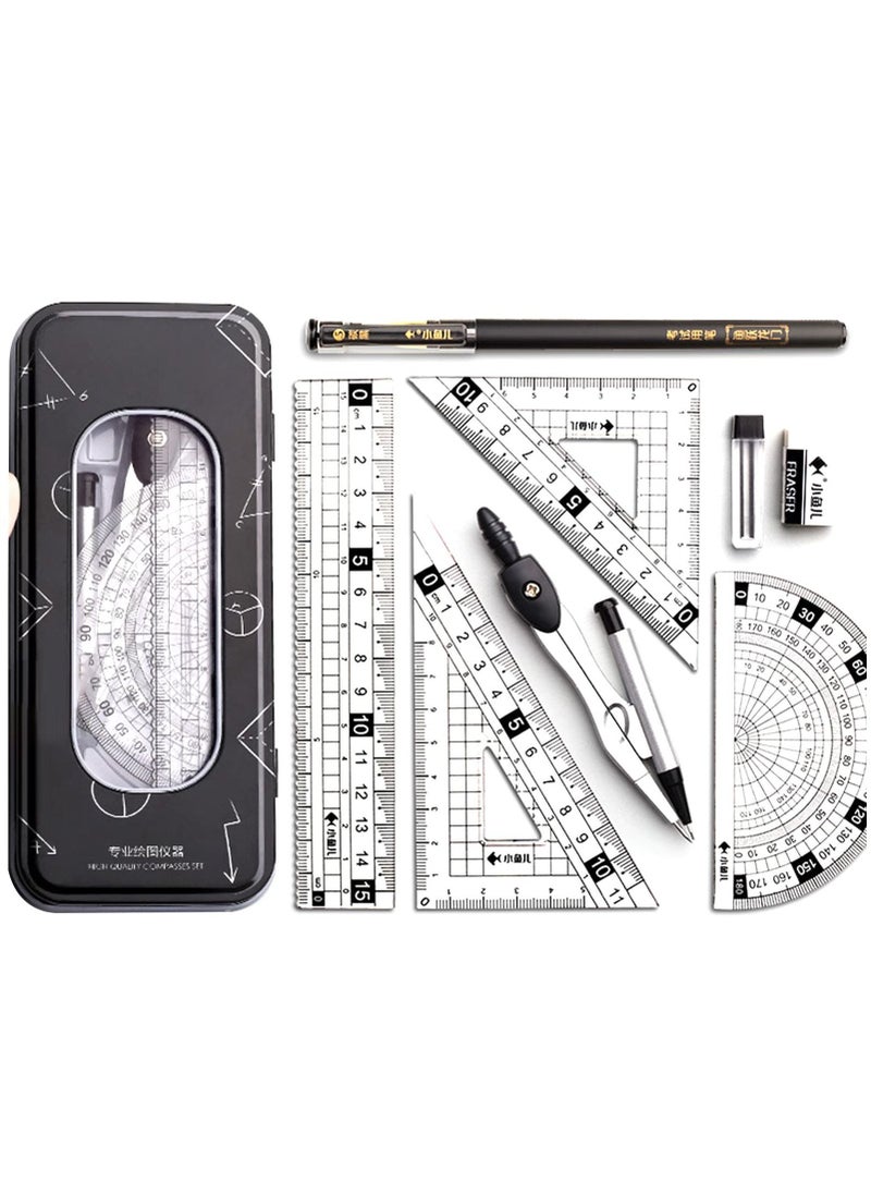 Y&D Maths Set, Geometry Compass Set Protractor Rulers for Student Metal Durable Outer Box with Eraser/Ballpoint Pen (Black)  - Image 1