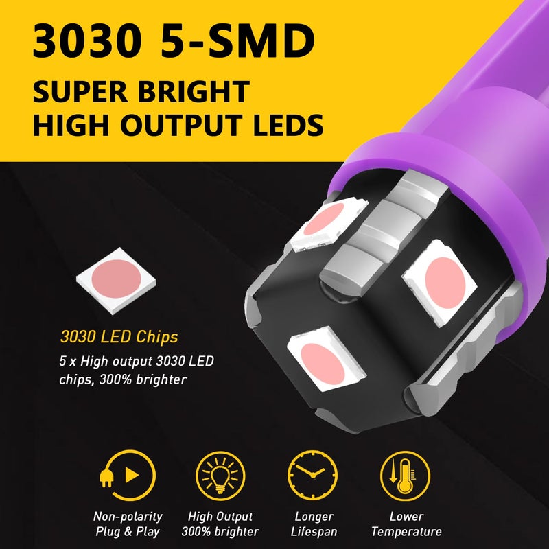 PHINLION 194 LED Light Bulb Purple 168 2825 W5W T10 Wedge 5-SMD 3030 Chipsets LED Replacement Bulbs for Car Interior Dome Map Door Courtesy Parking License Plate Lights, Pack of 10 - Image 2