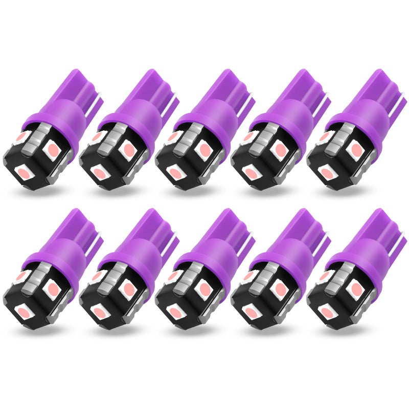 PHINLION 194 LED Light Bulb Purple 168 2825 W5W T10 Wedge 5-SMD 3030 Chipsets LED Replacement Bulbs for Car Interior Dome Map Door Courtesy Parking License Plate Lights, Pack of 10 - Image 1