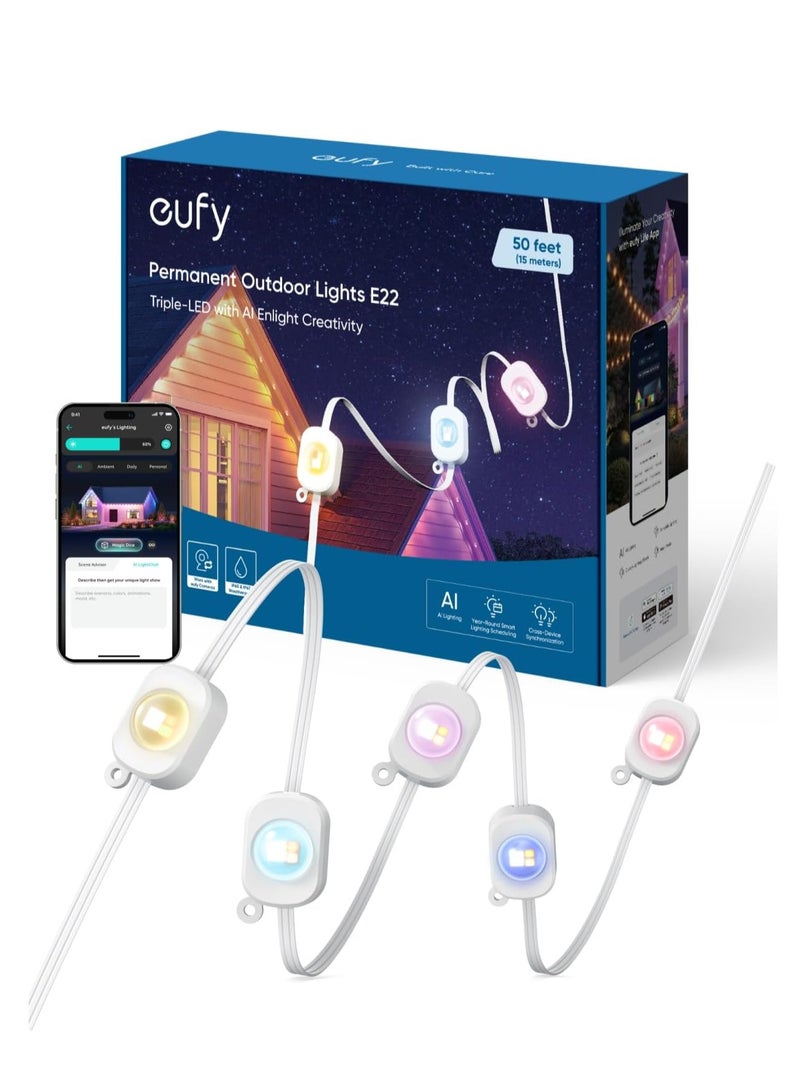 إيوفي أضواء خارجية دائمة من يوفي E22 بطول 50 قدم مع 30 لمبة LED ثلاثية، أضواء ذكية RGBWW لعيد الميلاد، للاستخدام اليومي والمناسبات، مقاومة للماء IP67، أنماط إضاءة بالذكاء الاصطناعي لزينة عيد الميلاد، متوافقة مع الكاميرات - Image 1