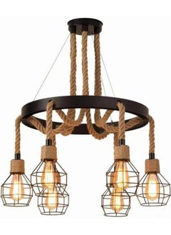 SP PUPER POWER Retro 6-Light Industrial Pendant Light,Farmhouse Hemp Rope Chandelier Ceiling Light Fixture,Vintage Iron Cage Hanging Lamp for Kitchen Island Dining Room Living Room Bedroom  - Image 1