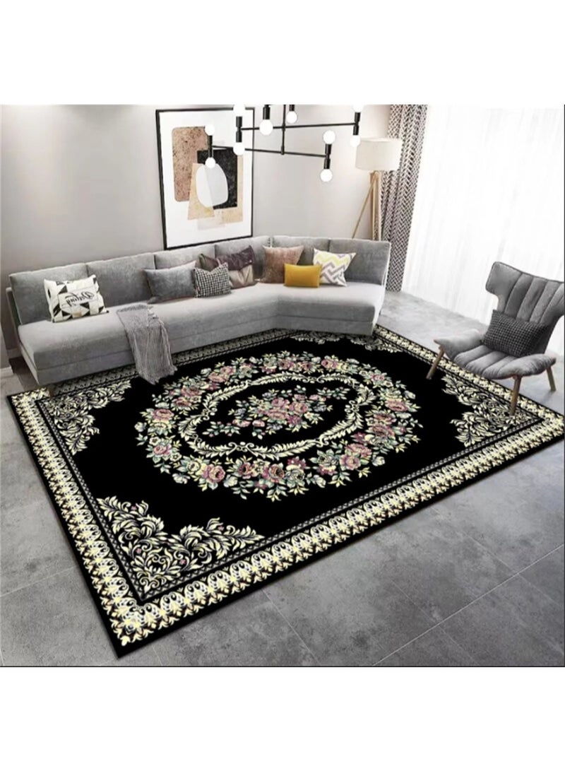 Washable Carpet, Modern Non-Slip Area Rugs with Print Boho, Home Decor Thin Vintage Floor Carpet Indoor Mat Floral Print Rugs for Living Room Bedroom Dining Room Office (Black 150*200cm) - Image 1