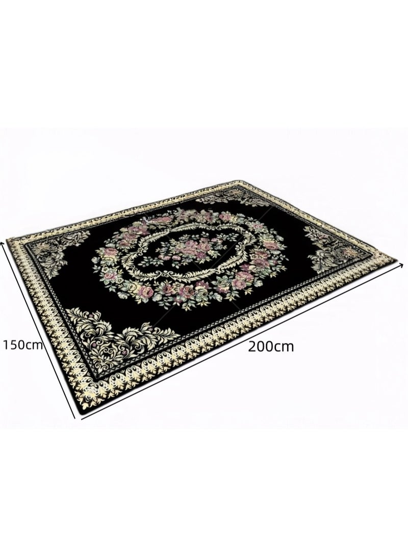 Washable Carpet, Modern Non-Slip Area Rugs with Print Boho, Home Decor Thin Vintage Floor Carpet Indoor Mat Floral Print Rugs for Living Room Bedroom Dining Room Office (Black 150*200cm) - Image 2