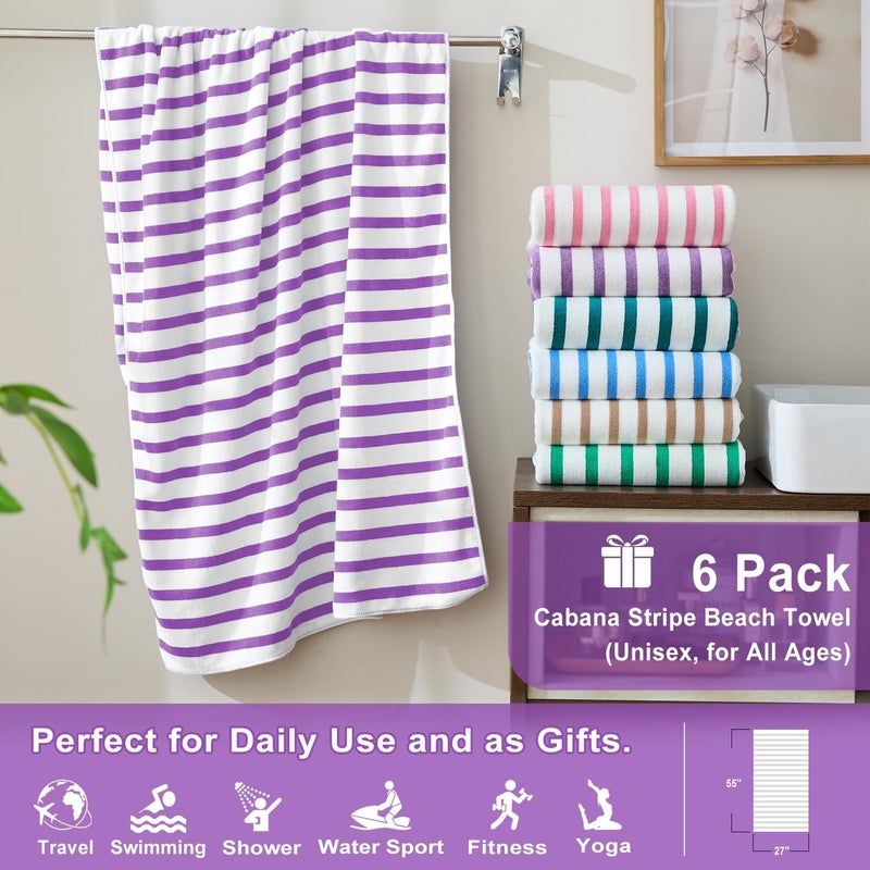 JML Microfiber Beach Towels, 6 Pack, 27" x 55", Large Bath Towel Set for Adult- Cabana Stripe - Absorbent, Quick Drying Lint-Free, No Fading for Summer Party, Pool, Sport, Yoga, Swimming, Purple - Image 2