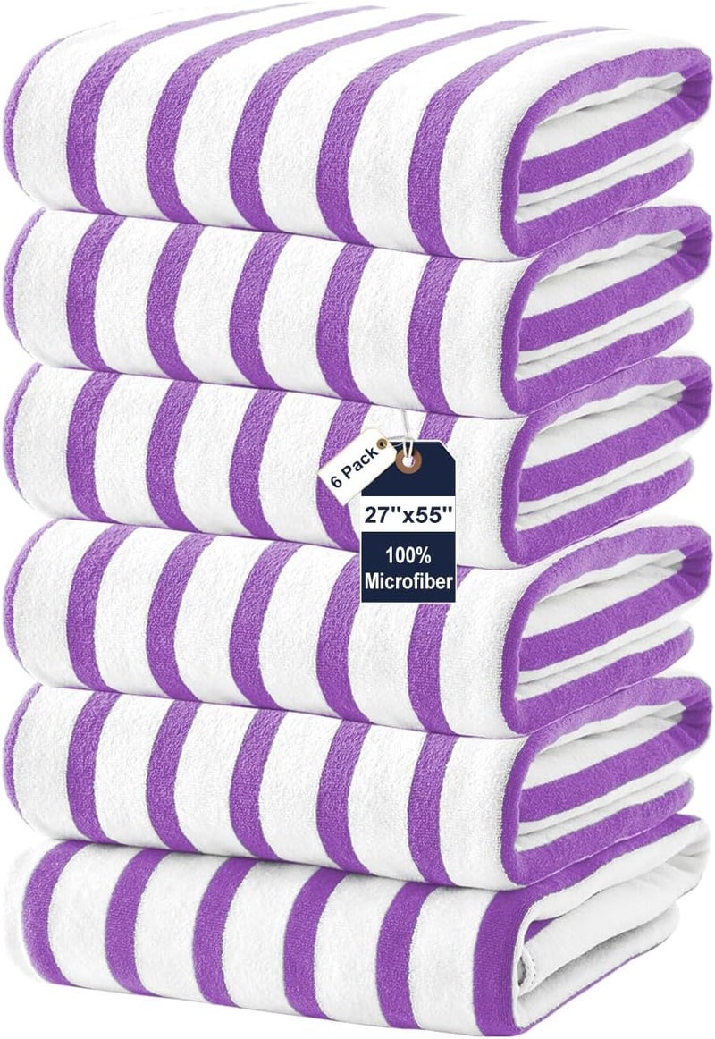 JML Microfiber Beach Towels, 6 Pack, 27" x 55", Large Bath Towel Set for Adult- Cabana Stripe - Absorbent, Quick Drying Lint-Free, No Fading for Summer Party, Pool, Sport, Yoga, Swimming, Purple - Image 1