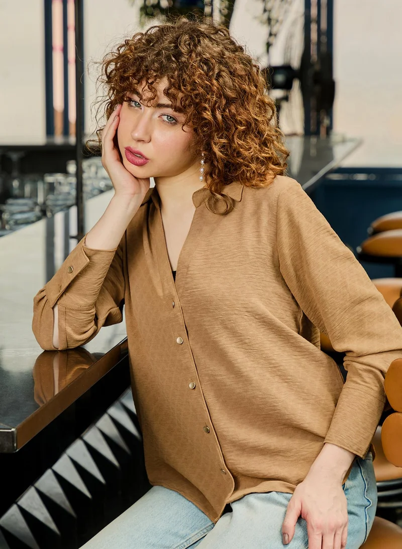 Pinacolada Women's Tan Plain/Basic Relaxed Shirt For Casual Wear | V-Neck | Long Sleeve | Button Closure | Shirt Crafted With Nylon Comfort Fit For Everyday Wear