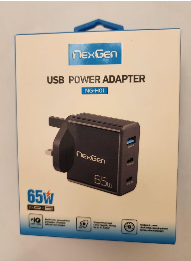 شاحن جداري سريع 65W مخرج USB ومخرجين TYPE-C
