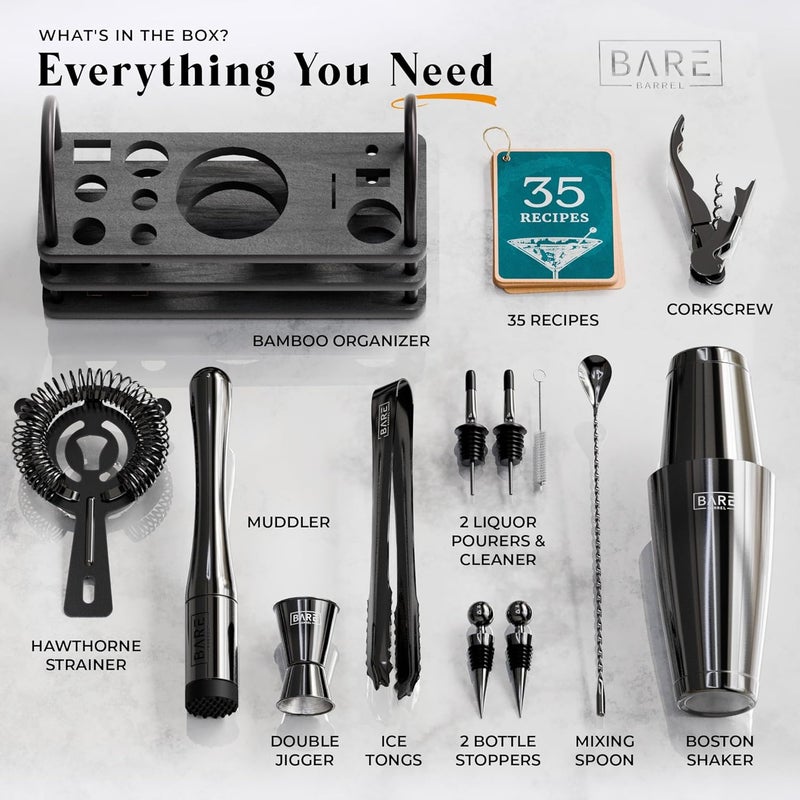 Bare Barrel ® Mixology Bartender Kit Bar Set | 14-Piece Cocktail Shaker Set | Martini Barware Mixing Tools for Home Bartending | 35 Recipe Cards | Gift Set (28oz Boston Shaker, Jet Black/Black) - Image 4