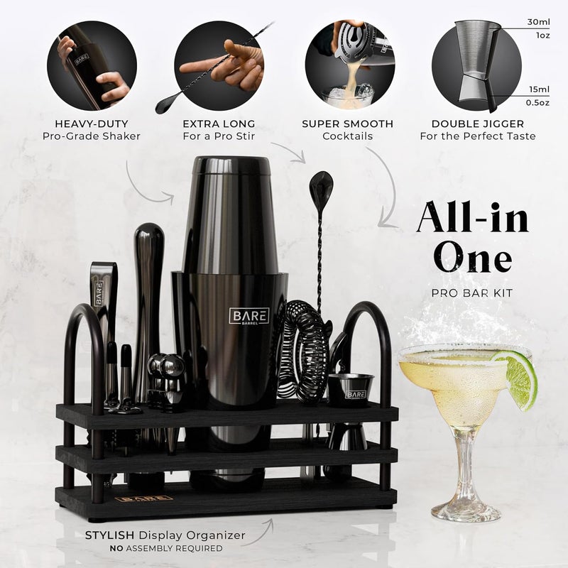 Bare Barrel ® Mixology Bartender Kit Bar Set | 14-Piece Cocktail Shaker Set | Martini Barware Mixing Tools for Home Bartending | 35 Recipe Cards | Gift Set (28oz Boston Shaker, Jet Black/Black) - Image 2
