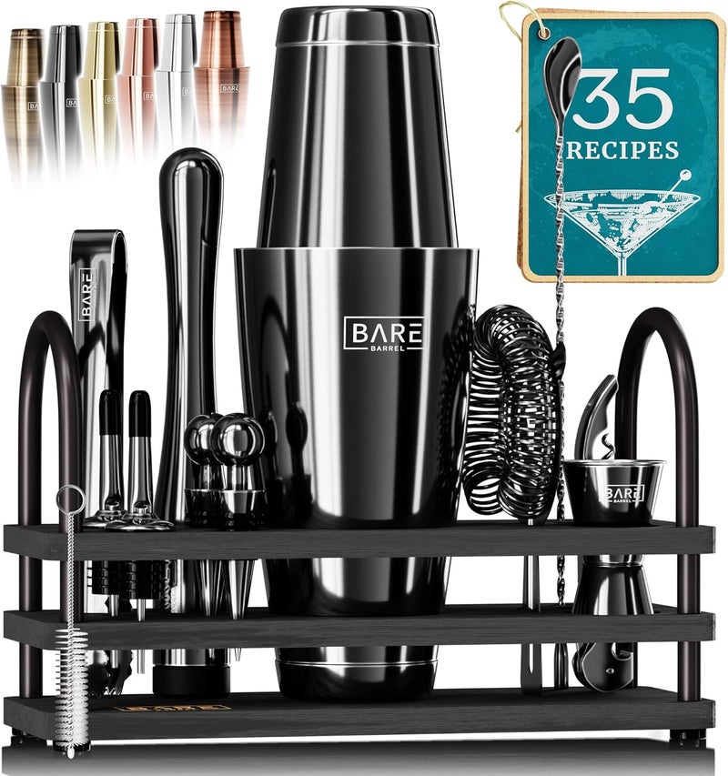 Bare Barrel ® Mixology Bartender Kit Bar Set | 14-Piece Cocktail Shaker Set | Martini Barware Mixing Tools for Home Bartending | 35 Recipe Cards | Gift Set (28oz Boston Shaker, Jet Black/Black) - Image 1
