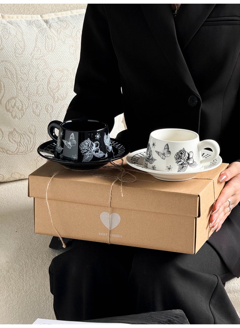 WALALLA 2pc Vintage Floral Ceramic Coffee Mug with Saucer Set, 250ML British Tea Cup set ,Porcelain Modern water Cups for Office and home , Gift Box for women Birthday - Image 3