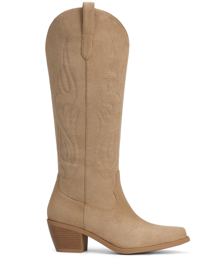 Pasuot Western Cowboy Boots for Women - Knee High Wide Calf Cowgirl Boots, Slip On Pointed Toe Chunky Heel Fashion Retro Classic Pull On Tall Boot for ladies Party concert Light Brown Suede US 8 - Image 4