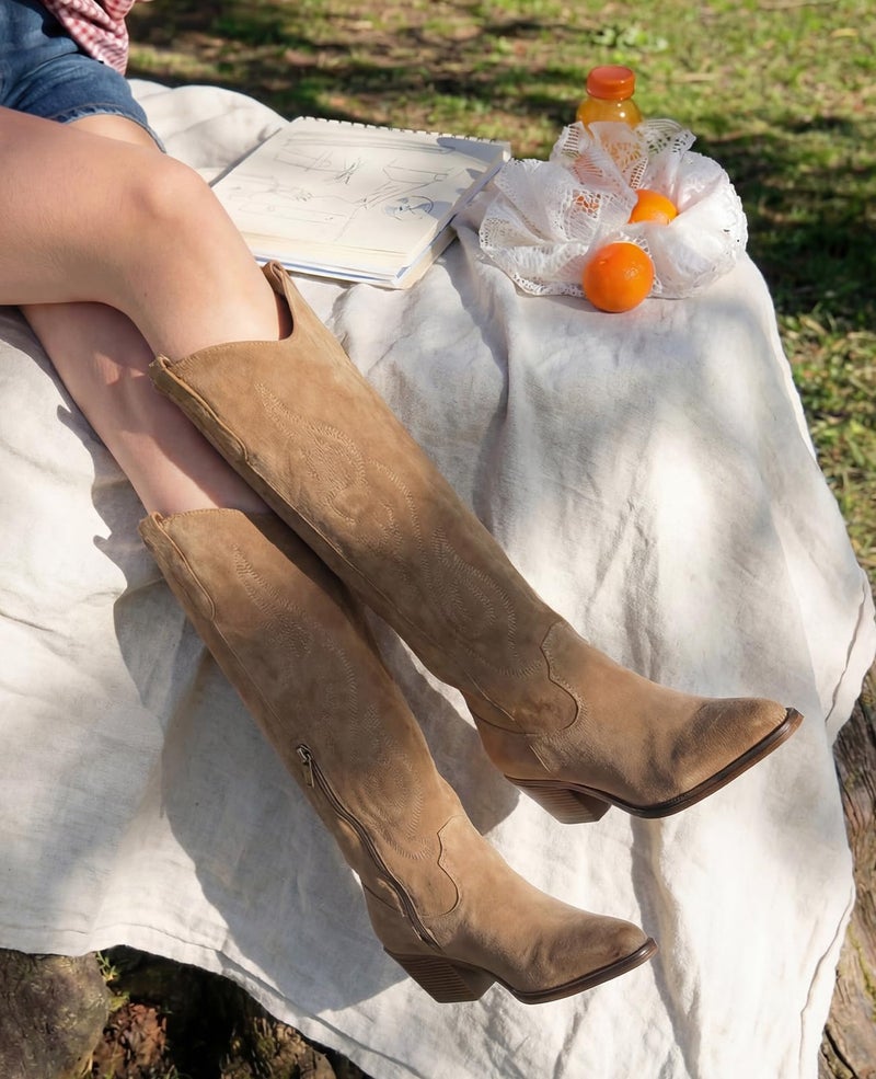 Pasuot Western Cowboy Boots for Women - Knee High Wide Calf Cowgirl Boots, Slip On Pointed Toe Chunky Heel Fashion Retro Classic Pull On Tall Boot for ladies Party concert Light Brown Suede US 8 - Image 2