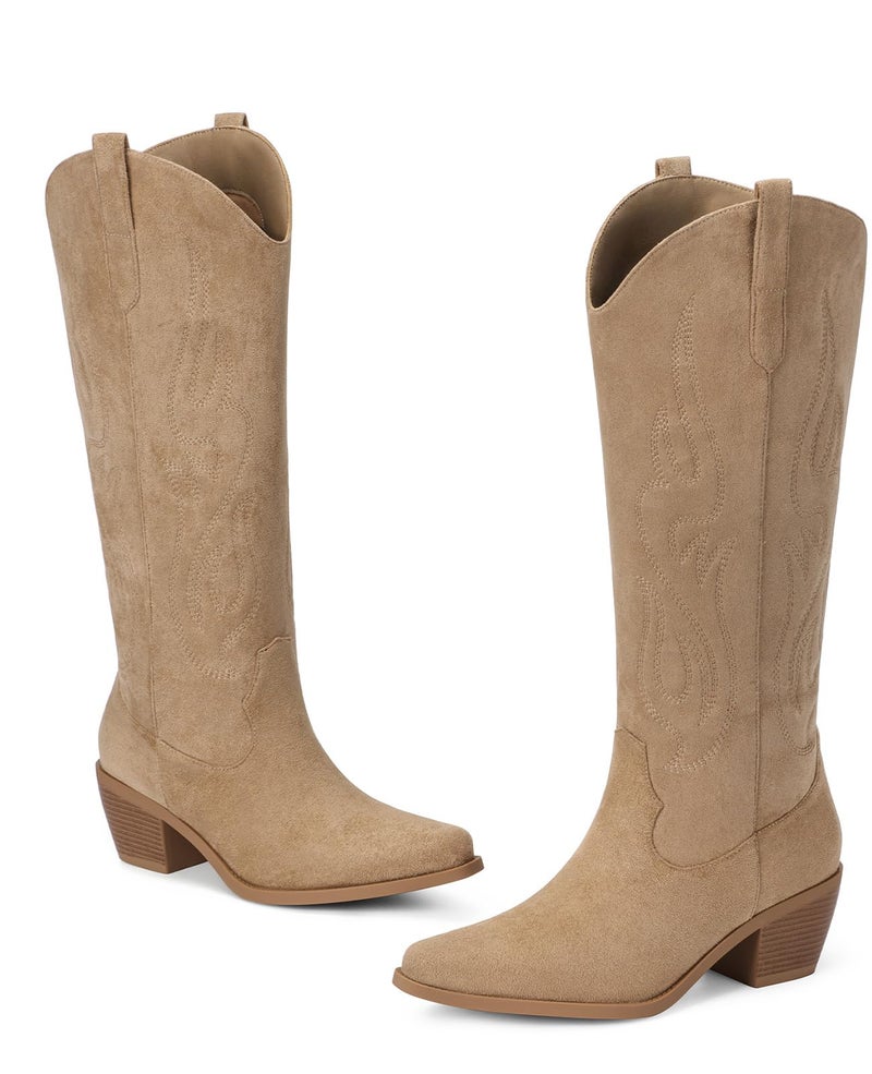 Pasuot Western Cowboy Boots for Women - Knee High Wide Calf Cowgirl Boots, Slip On Pointed Toe Chunky Heel Fashion Retro Classic Pull On Tall Boot for ladies Party concert Light Brown Suede US 8 - Image 5