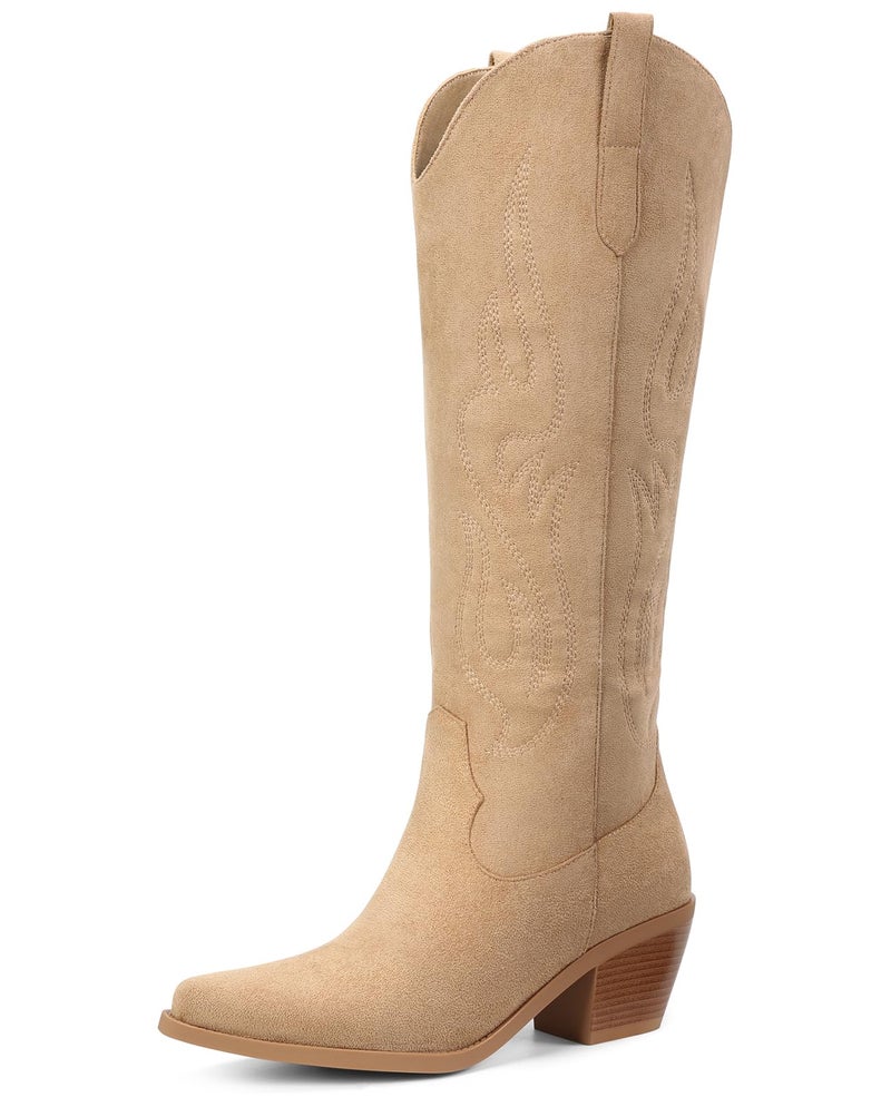 Pasuot Western Cowboy Boots for Women - Knee High Wide Calf Cowgirl Boots, Slip On Pointed Toe Chunky Heel Fashion Retro Classic Pull On Tall Boot for ladies Party concert Light Brown Suede US 8 - Image 1