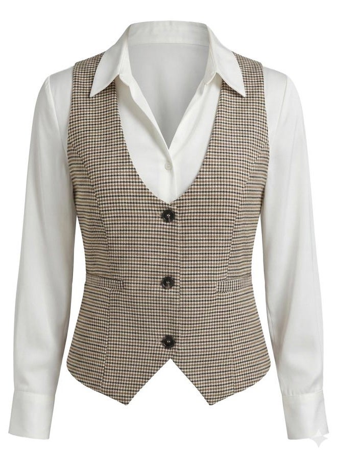 ELLEVEN Women's Slimming Plaid Vest Top, U-Neck Sleeveless Fitted Waistcoat with Full Lining for Business Casual Office Wear, Brown Plaid, M - Image 1