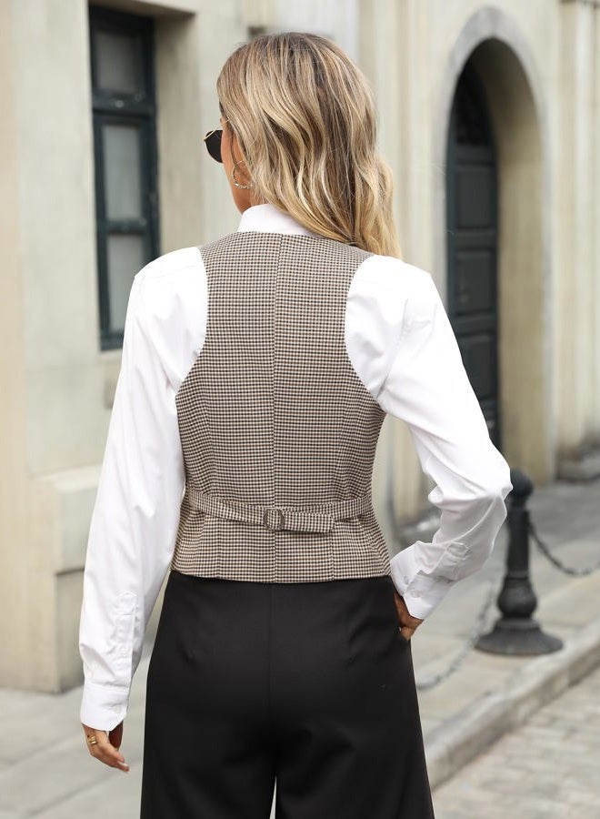 ELLEVEN Women's Slimming Plaid Vest Top, U-Neck Sleeveless Fitted Waistcoat with Full Lining for Business Casual Office Wear, Brown Plaid, M - Image 2