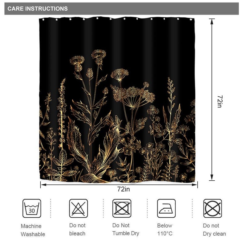 Riyidecor Black Gold Dark Floral Wildflower Shower Curtain for Bathroom Decor 72Wx72H Rustic Botanical Herbs Plant Leaves Vintage Nature Art Printed Fabric Polyester Waterproof 12 Pack Plastic Hooks - Image 3