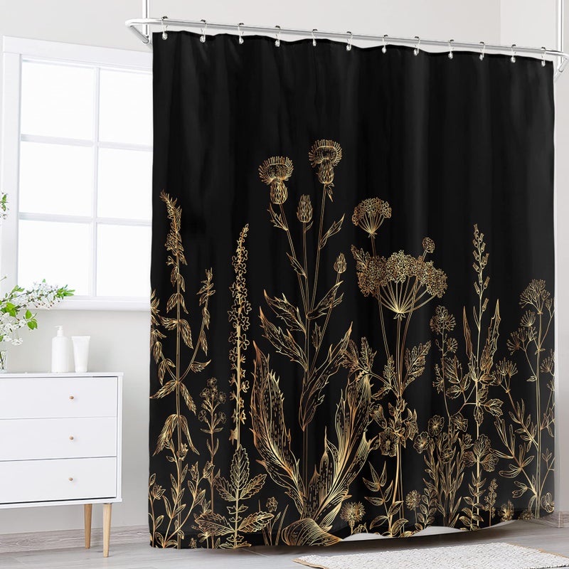 Riyidecor Black Gold Dark Floral Wildflower Shower Curtain for Bathroom Decor 72Wx72H Rustic Botanical Herbs Plant Leaves Vintage Nature Art Printed Fabric Polyester Waterproof 12 Pack Plastic Hooks - Image 2