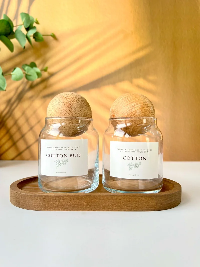 Mottogo 2-Pack Jar with Top Lid and Wooden Base Cotton Bud - Cotton Bud