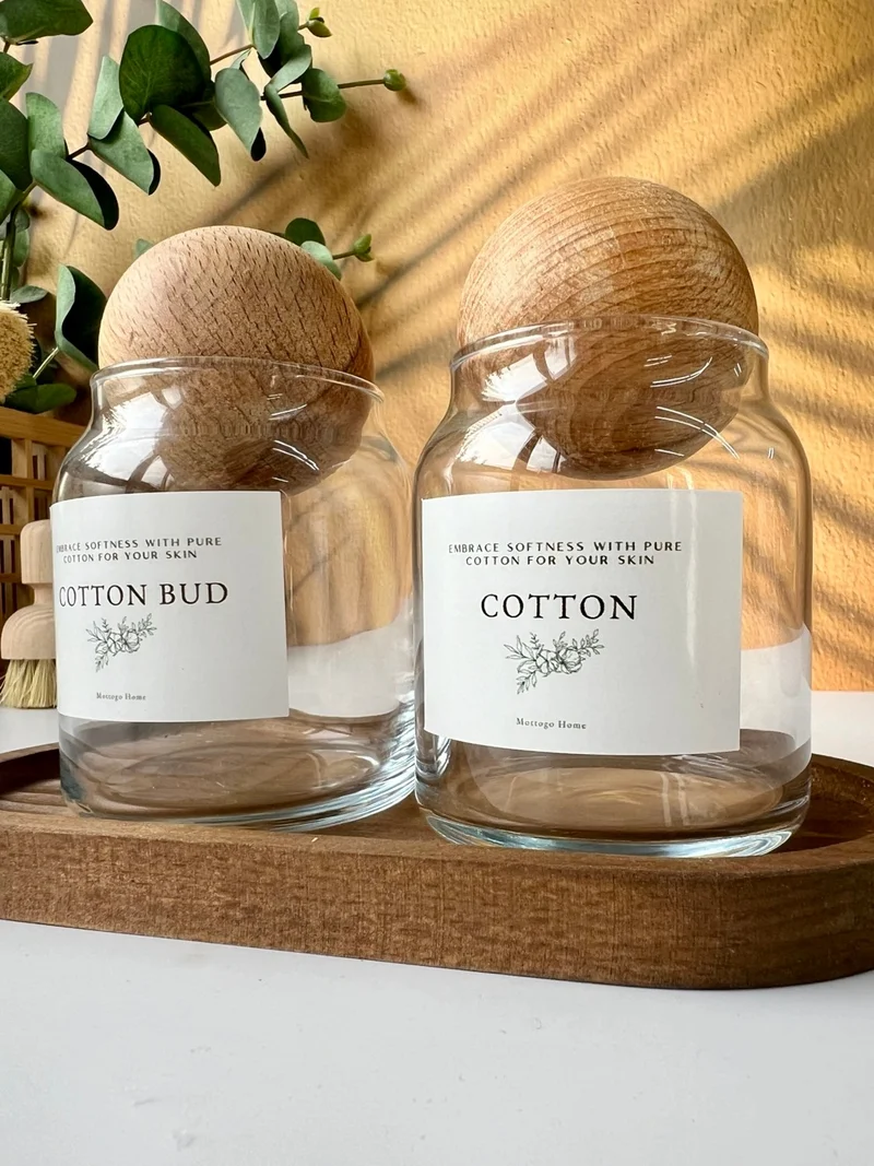 Mottogo 2-Pack Jar with Top Lid and Wooden Base Cotton Bud - Cotton Bud