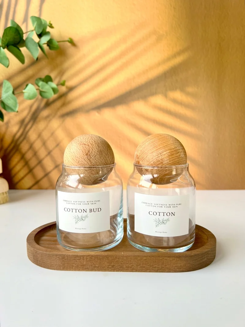 Mottogo 2-Pack Jar with Top Lid and Wooden Base Cotton Bud - Cotton Bud
