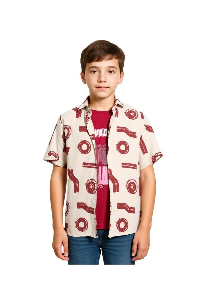 CHARCHIT Boys Spread Collar Half Sleeve Printed Shirt & T-Shirt Red - Image 1