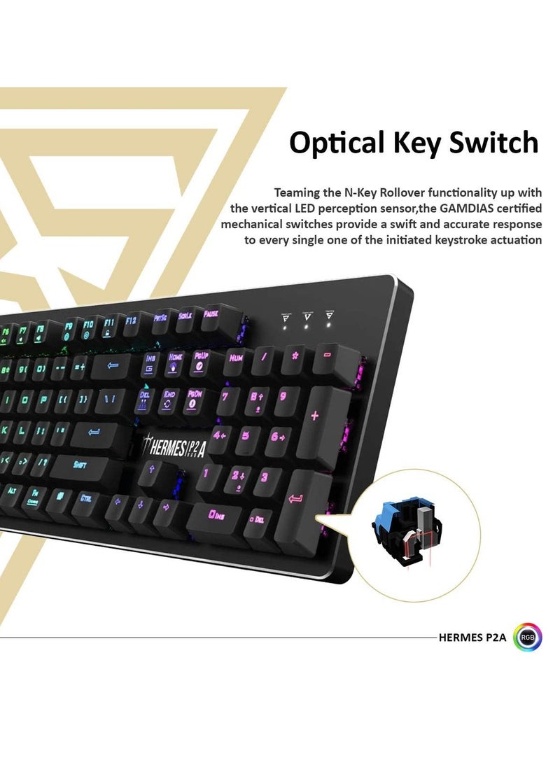 GAMDIAS HERMES P2A Mechanical Gaming Keyboard -  Optical Blue Mechanical Switches - RGB Backlighting 16.8 million color and built-in lighting effects. - Anti-ghosting with N-key rollover - 32bit ARM® CortexTM-M3 Microprocessor - Ergonomic design - WASD and Arrow Keys Exchange | Black  - Image 3